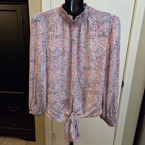 Rachel Zoe Womens Large Print Mock Neck Tie Front Long Sleeve Blouse